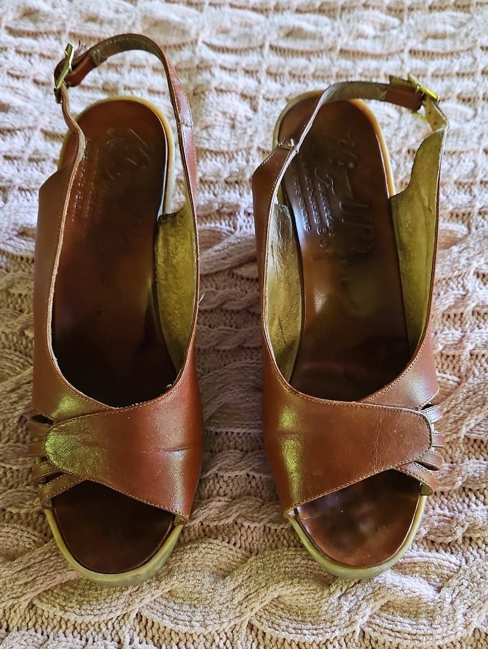 Famolare 70's  Vintage Hi Up Women's Brown Leather Slingback Sandals 2/ 7.5 To 8